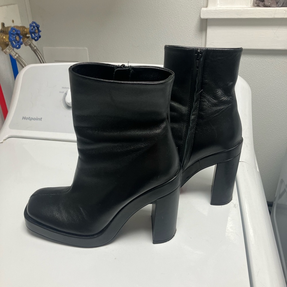Zara Black Platform Heel Square Toe Leather Boots Size 39